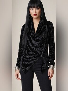[BLANKNYC] Black Crushed Velvet Asymmetrical Zip Draped Moto Jacket Size M